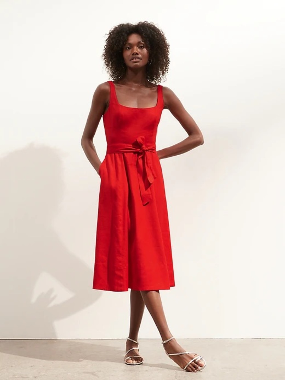 Banana Republic Red Linen Cotton Square Neck Tie-Waist Midi Dress 10